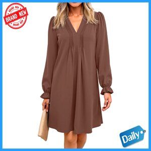A-Line Midi Dress with Ruffle Sleeves V-Neck Pleated Flowy Casual